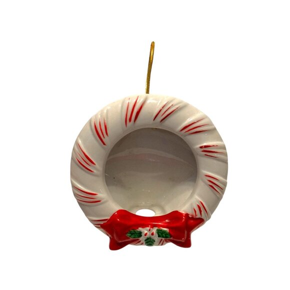 Ceramic Holiday Wreath Ornament With Red Bow & Gold Hanging Loop - Picture 6 of 6